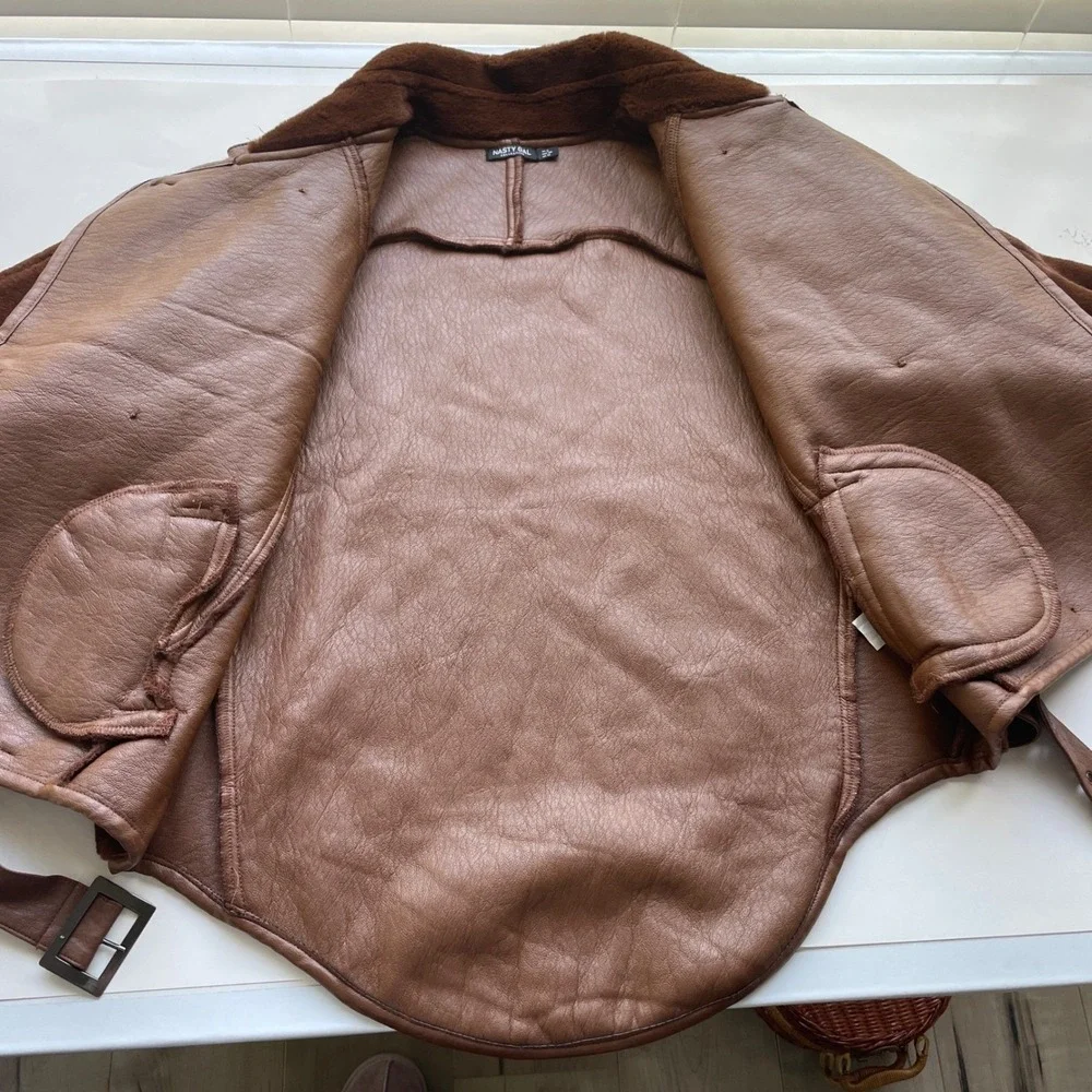 Nasty Gal Motorcycle Jacket 6 Chocolate‎ Brown Teddy Oversized Cropped Faux Fur